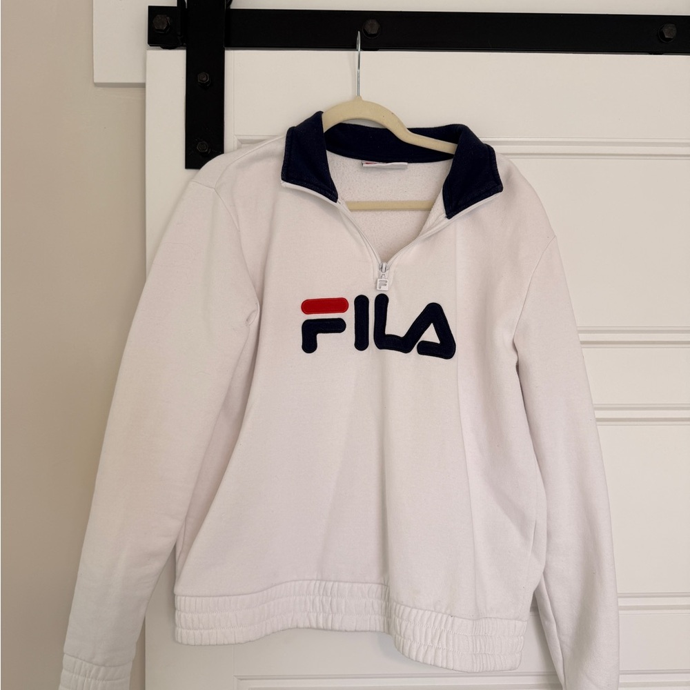 Fila White Half-Zip Pullover with Navy Collar and Red Accent